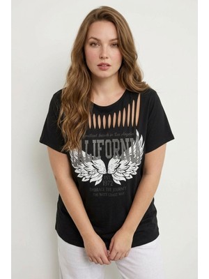 Stil Diva Bisiklet Yaka Kısa Kollu Kesik Detaylı Baskılı Esnek Kumaşlı T-Shirt