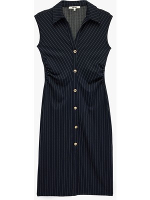 Koton Slim Fit Kolsuz Midi Boy Süslü Düğmeli Kolsuz Çizgili Gömlek Elbise