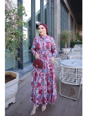 İmaj Butik Mürdüm Yarım Düğmeli Kol Lastikli Eteği Katlı Elbise