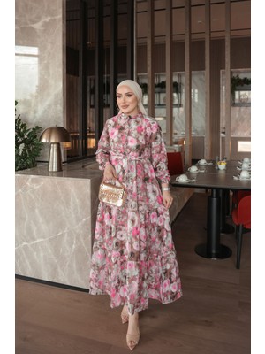 İmaj Butik Pembe Yarım Düğmeli Kol Lastikli Eteği Katlı Elbise