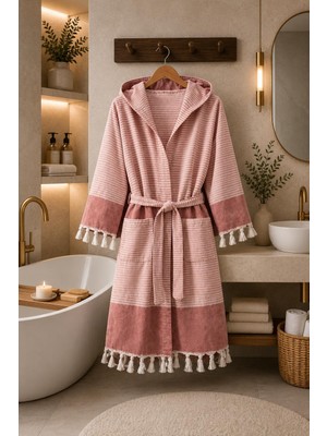 Higliving Çizgili %100 Pamuk Pike Bornoz Kapüşonlu Unisex Premium Seri