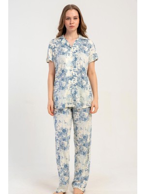 Kezokino Kadın Önden Düğmeli Kısa Kol Desenli Mavi Pijama Takımı C0T0N2215
