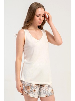 Kezokino Kadın Kalın Askılı Krem Şortlu Pijama Takımı C1T9N1215