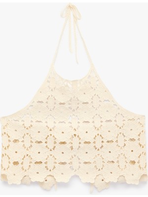Koton Pamuklu Halter Yaka Brodeli Crop Bluz