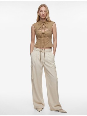 Koton Slim Fit Dik Yaka Bağcıklı Pencere Detaylı Kolsuz Korse Büstiyer