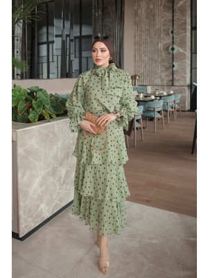 İmaj Butik Çağla Eteği Katlı Puantiyeli Takım
