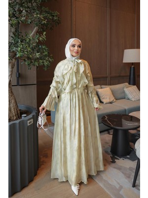 İmaj Butik Sarı Yaka Bağlamalı Fırfırlı Şifon Elbise