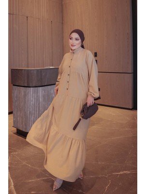 İmaj Butik Bej Yarım Düğmeli Kol Lastikli Eteği Katlı  Elbise