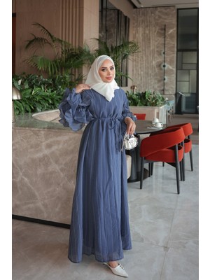 İmaj Butik Lacivert Kol Katlı Bel Bağlamalı Elbise