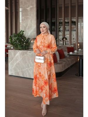 İmaj Butik Oranj Yarım Düğmeli Kol Lastikli Eteği Katlı Elbise