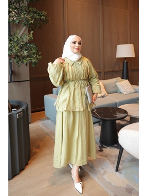 İmaj Butik Yağ Yeşili Bel Ip Bağlamalı Gömlek Etekli Takım