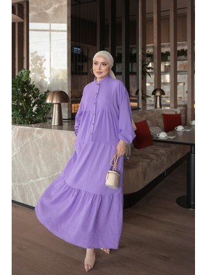 İmaj Butik Lila Yarım Düğmeli Kol Lastikli Eteği Katlı  Elbise