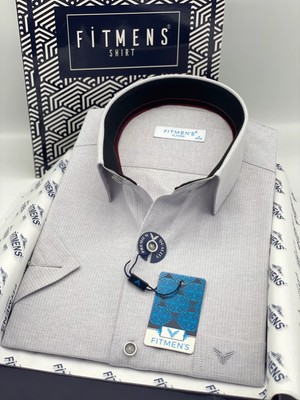 Fitmens Klasik Kısa Kol Keten Cotton Hediye Kutulu Erkek Gömlek FS-003624 - Gri