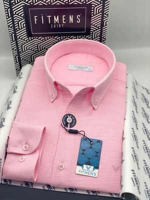 Fitmens Slim Fit Uzun Kol Müslin Pamuk Rahat Nefes Alabilen Kumaştan Yaka Düğmeli Hediye Kutulu Erkek Gömlek FS-004202 - Pembe