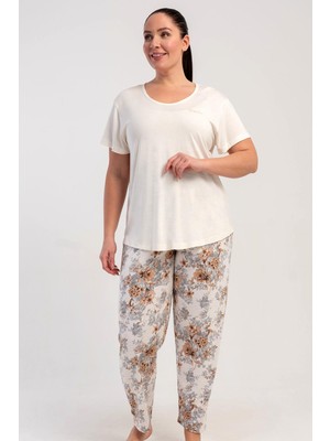 Kezokino Kadın Büyük Beden Kısa Kol Krem Pijama Takımı C1T7N2215