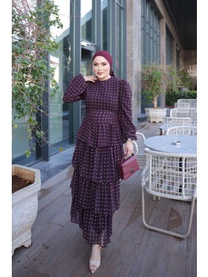 İmaj Butik Mürdüm Puantiyeli Kat Kat Şifon Elbise