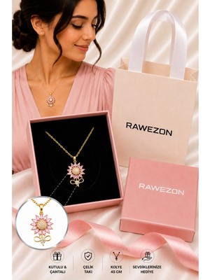 Rawezon Kutulu Çantalı Gold Renk Çelik Pembe Zirkon Taşlı Çiçek Kolye - Kadına Sevgiliye Hediye
