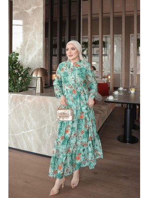 İmaj Butik Yeşil Yarım Düğmeli Kol Lastikli Eteği Katlı Elbise