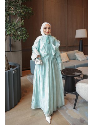 İmaj Butik Mint Yeşili Yaka Bağlamalı Fırfırlı Şifon Elbise