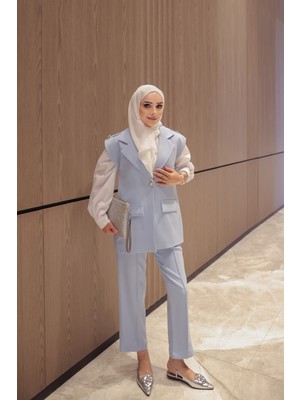 İmaj Butik Bebe Mavi Astarlı Yelek Pantolonlu Dabıl Takım