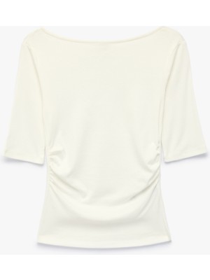 Koton Pamuklu Slim Fit Drapeli Yuvarlak Kayık Yaka Dirsek Boy Tişört