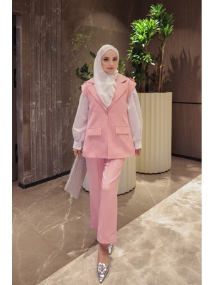 İmaj Butik Pembe Astarlı Yelek Pantolonlu Dabıl Takım