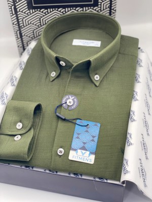 Fitmens Slim Fit Uzun Kol Müslin Pamuk Rahat Nefes Alabilen Kumaştan Yaka Düğmeli Hediye Kutulu Erkek Gömlek FS-004202 - Yeşil