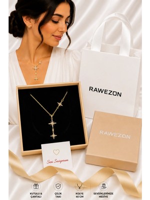 Rawezon Kutulu Çantalı Gold Renk Çelik Kutup Yıldızı Sarkıt Y Kolye - Kadına Sevgiliye Doğum Günü Hediyesi