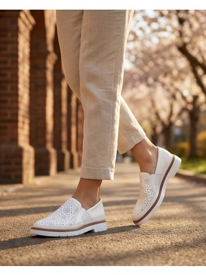 Futsi Shoes Aspendos Beyaz Hakiki Deri Lazerli Mokasen Kadın Yürüyüş Ayakkabısı