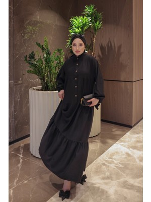 İmaj Butik Siyah Yarım Düğmeli Kol Lastikli Eteği Katlı  Elbise