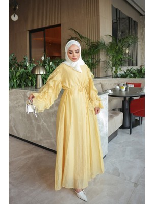 İmaj Butik Sarı Kol Katlı Bel Bağlamalı Elbise