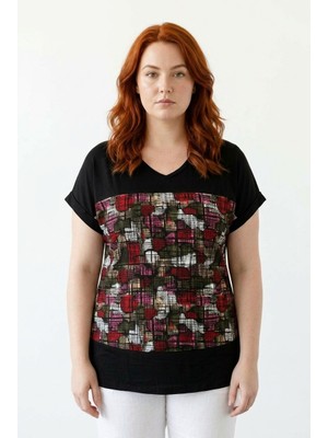 Stil Diva V Yaka Renk Bloklu T-Shirt
