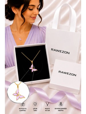 Rawezon Kutulu Çantalı Gold Renk Çelik Mor Kelebek Kolye - Kadına Sevgiliye Doğum Günü Hediyesi