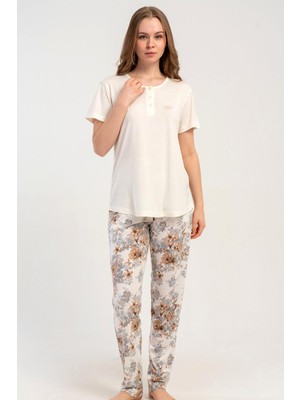 Kezokino Kadın Kısa Kol Yarım Düğmeli Ekru Pijama Takımı C0T9N1215