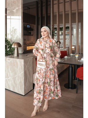 İmaj Butik Oranj Yarım Düğmeli Kol Lastikli Eteği Katlı Elbise