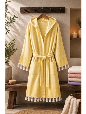 Higliving Çizgili %100 Pamuk Pike Bornoz Kapüşonlu Unisex Premium Seri