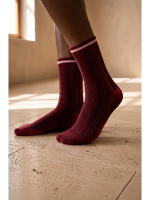 Bony Socks Kadın Örgü Desenli Soket Çorap Bordo