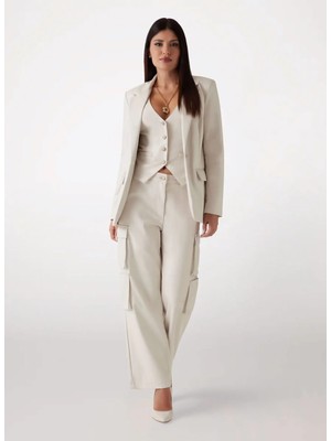 Guess Bej Kadın Desenli Blazer Lıa Pu Blazer - Bonded Knıt Faux Le