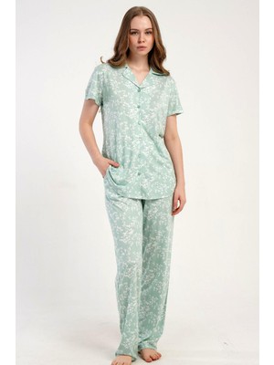 Kezokino Kadın Önden Düğmeli Kısa Kol Yeşil Pijama Takımı C6T1N2215