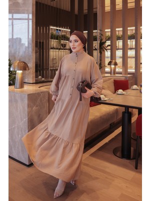 İmaj Butik Vizon Yarım Düğmeli Kol Lastikli Eteği Katlı  Elbise