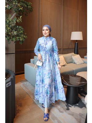 İmaj Butik Mavi Yarım Düğmeli Kol Lastikli Eteği Katlı Elbise