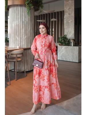 İmaj Butik Nar Çiçeği Yarım Düğmeli Kol Lastikli Eteği Katlı Elbise