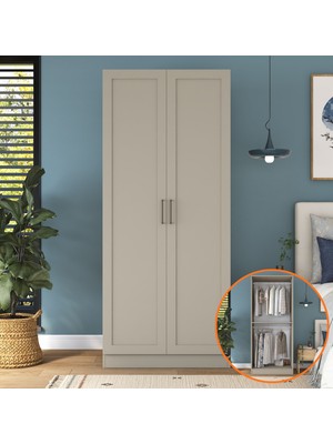 Rani BA305 Membran Kapaklı Gardırop 2 Kapaklı Raflı 2 Askılı Elbise Dolabı Kumtaşı