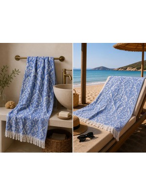 Missi Ege Esintisi Saray Jakarlı Çift Yüzlü Peştemal - Mavi - %100 Pamuk 100X180 cm Plaj, Havuz ve Hamam Peştemali