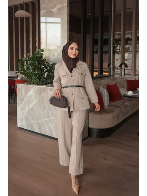 İmaj Butik Bej Astarlı Ceket Pantolonlu Takım