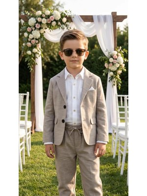 Baby Kids Colors Erkek Çocuk Flamlı Keten Salaş Ceketli Takım Elbise / Gömlek Pantolon Ceket Papyon Keten Takım