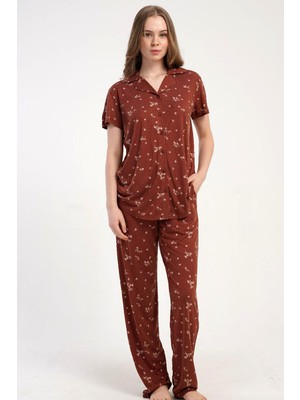 Kezokino Kadın Önden Düğmeli Kısa Kol Kiremit Pijama Takımı C0T4N2215