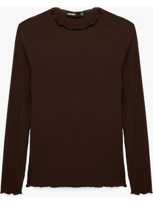Koton Kaşkorse Viskon Kumaş Slim Fit Uzun Kollu Fırfırlı Bisiklet Yaka Tişört