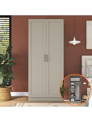 Rani BA308 Membran Kapaklı Gardırop 2 Kapaklı 5 Raflı Askılı Elbise Dolabı Kumtaşı