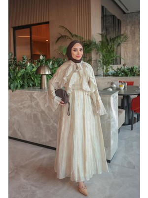 İmaj Butik Bej Yaka Bağlamalı Fırfırlı Şifon Elbise